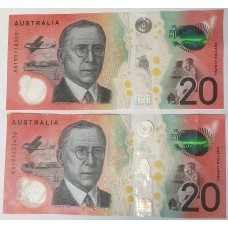 AUSTRALIA 2019 . TWENTY 20 DOLLAR BANKNOTES . LOWE/GAETJENS . FIRST and LAST PREFIX